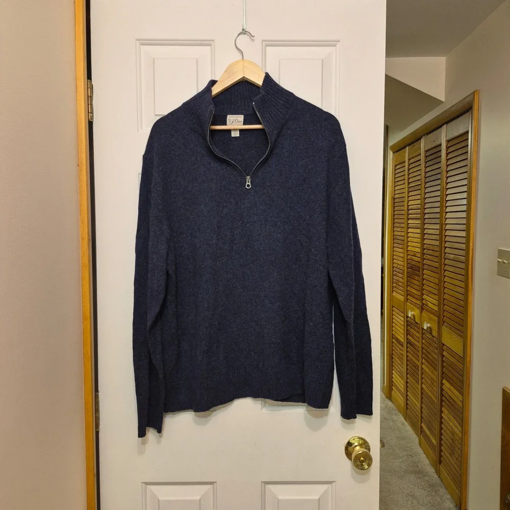 J.Crew Mens Rugged Merino Wool Blend Quarter Zip Sweater Navy Blue XXL